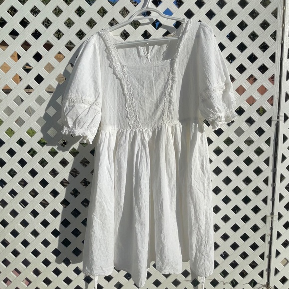 White Damo Puff Sleeve Tie Back Mini Dress Coquette Cottagecore - Picture 1 of 4